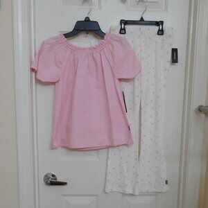 NWT 2pc DKNY Pink Top & Pink Polka Dot Flared Pants sz 8-10